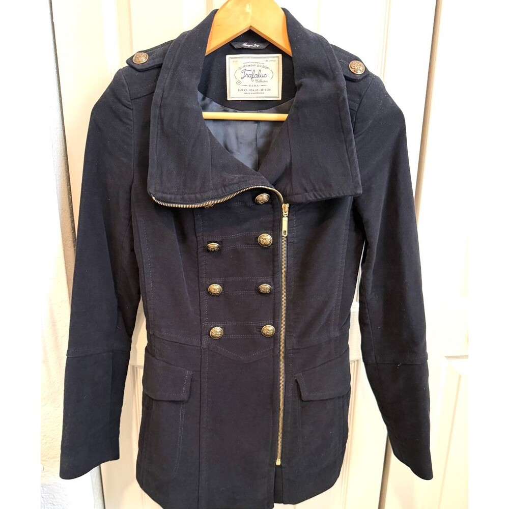 Jacket Womens  ZARA  Trufalac Black Military  Sz XS Gold Button  Wool Blend